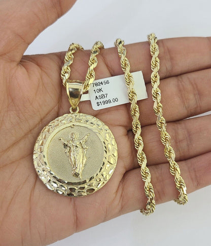 10k Solid Rope Chain Jesus Charm Set 4mm 18"-30" Necklace Gold Pendant