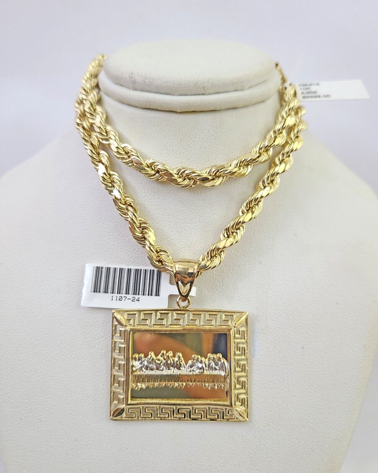 Real 10k Yellow Gold Rope Chain Last Supper Charm Set 6mm 18"-28"Inch Necklace