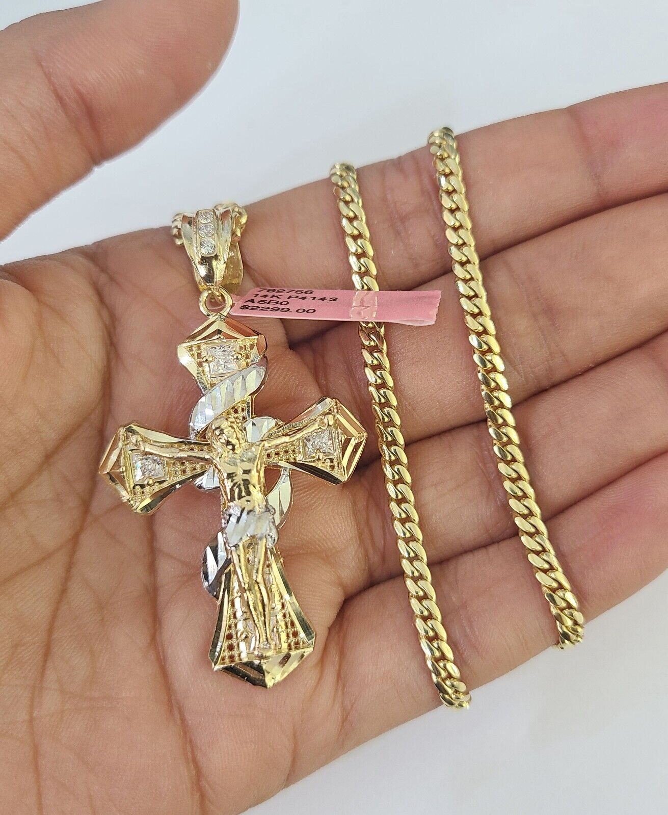 Real 14k Solid Chain Cross Charm Set Miami Cuban Link 3mm Necklace Pendant Gold