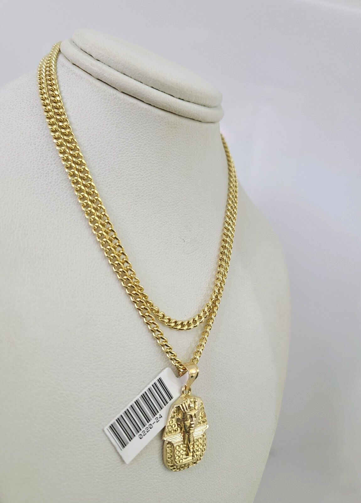 10k Gold Miami Cuban Chain Pharaoh Charm Pendant 3mm 18-28in Necklace Set