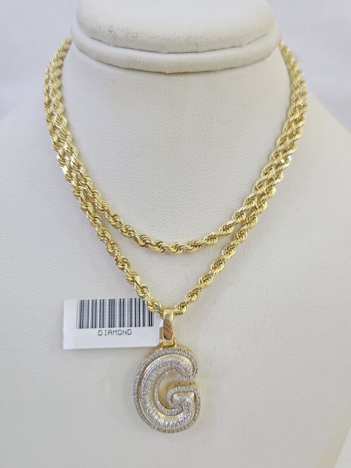 10k 3mm Rope Solid Chain G Diamond Pendant Alphabet 18"-28" Gold Charm Necklace