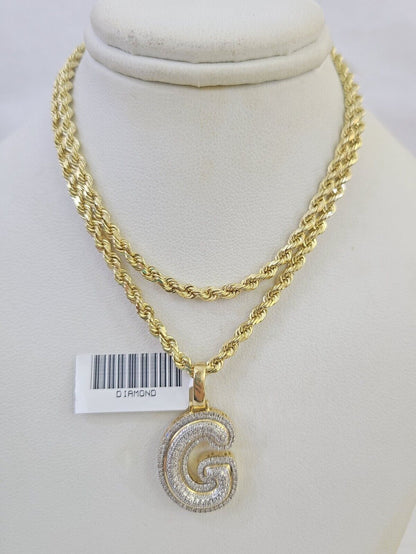 10k 3mm Rope Solid Chain G Diamond Pendant Alphabet 18"-28" Gold Charm Necklace