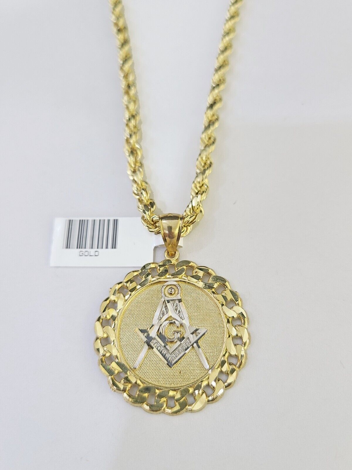 10k Yellow Gold Rope Chain Masonic Charm Set 4mm 18"-26"Inch Necklace