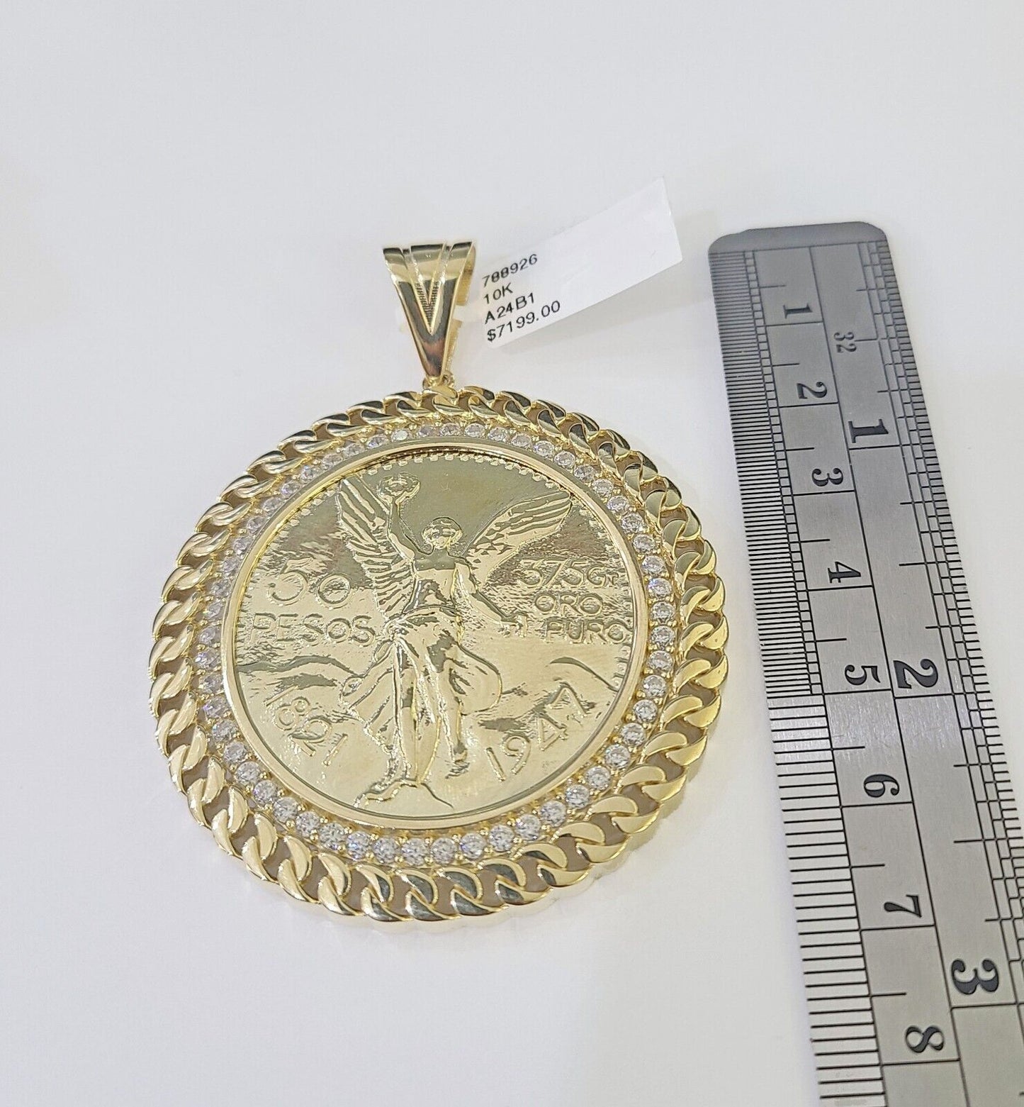 REAL 10k Gold Charm Pendant Centenario Style Coin With Bezel 50 Pesos 1947 10KT