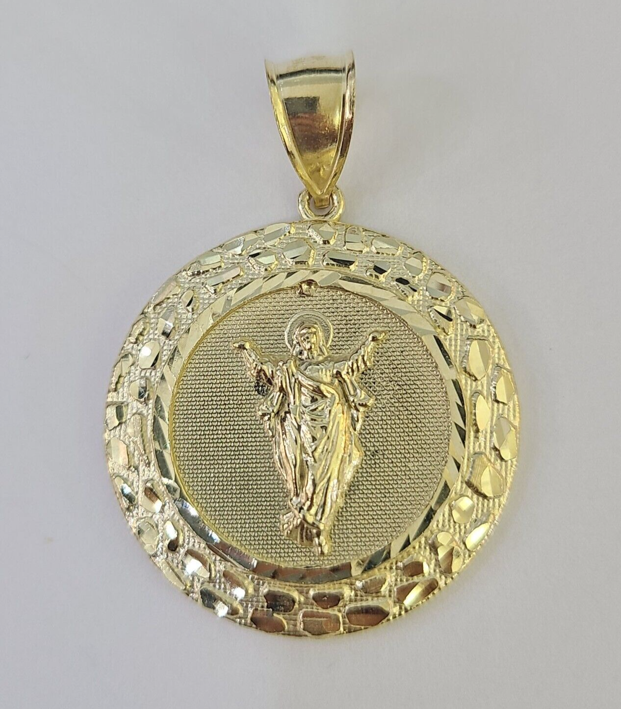 Real 10K Nugget Medallion Guadalupe Pendent Charm 10kt yellow Gold 2" Religious