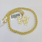 10k Gold Initial W Charm Rope Chain 16"-26" 2.5mm SET Necklace Alphabet Pendant