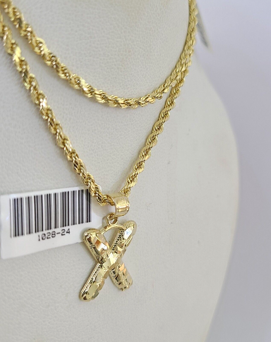 10k Gold Initial X Charm Rope Chain 16"-26" 2.5mm SET Necklace Alphabet Pendant