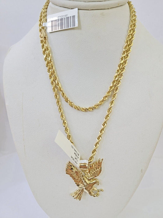 Real 10k 3mm Rope Chain Eagle Pendant 18" 20" 22" 24" 26" Gold Set