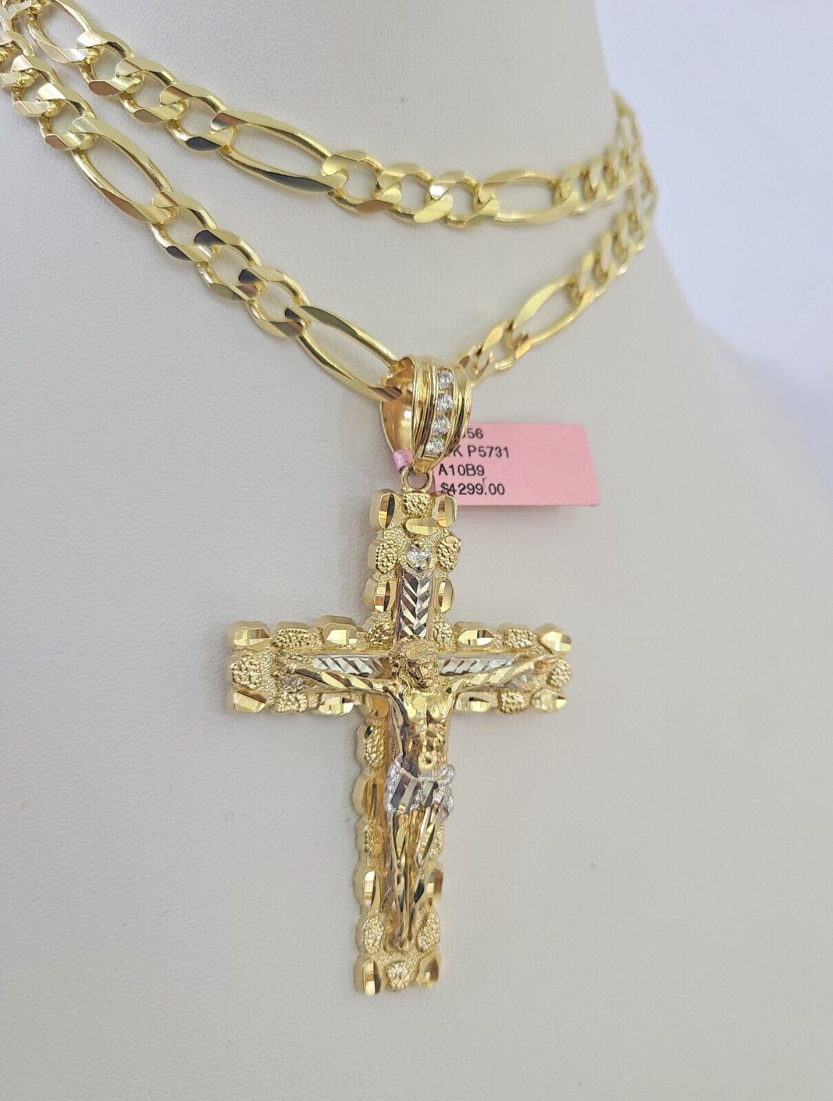 14k Solid Figaro Chain Jesus Cross Pendant Gold 7mm 20-30 inch SET Necklace