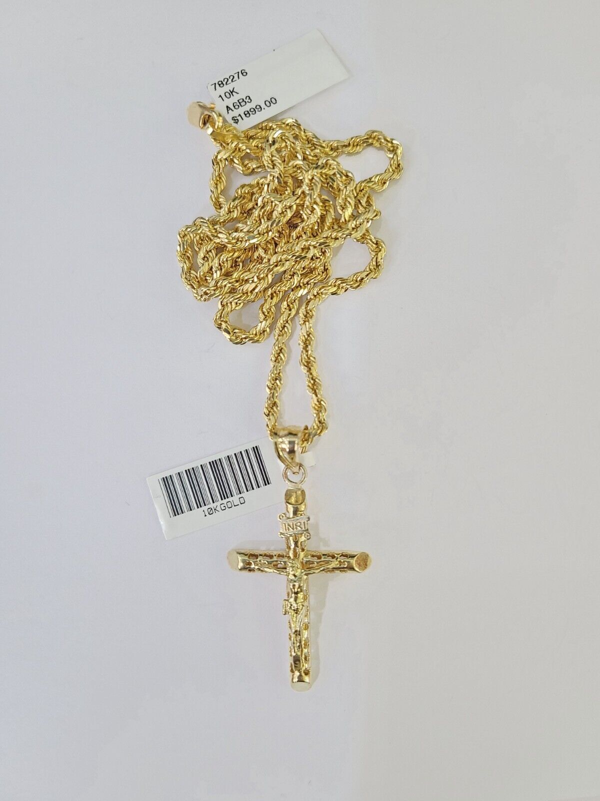 Real 10k 3mm Rope Chain INRI Cross Pendant 18" 20" 22" 24" 26" Gold Set