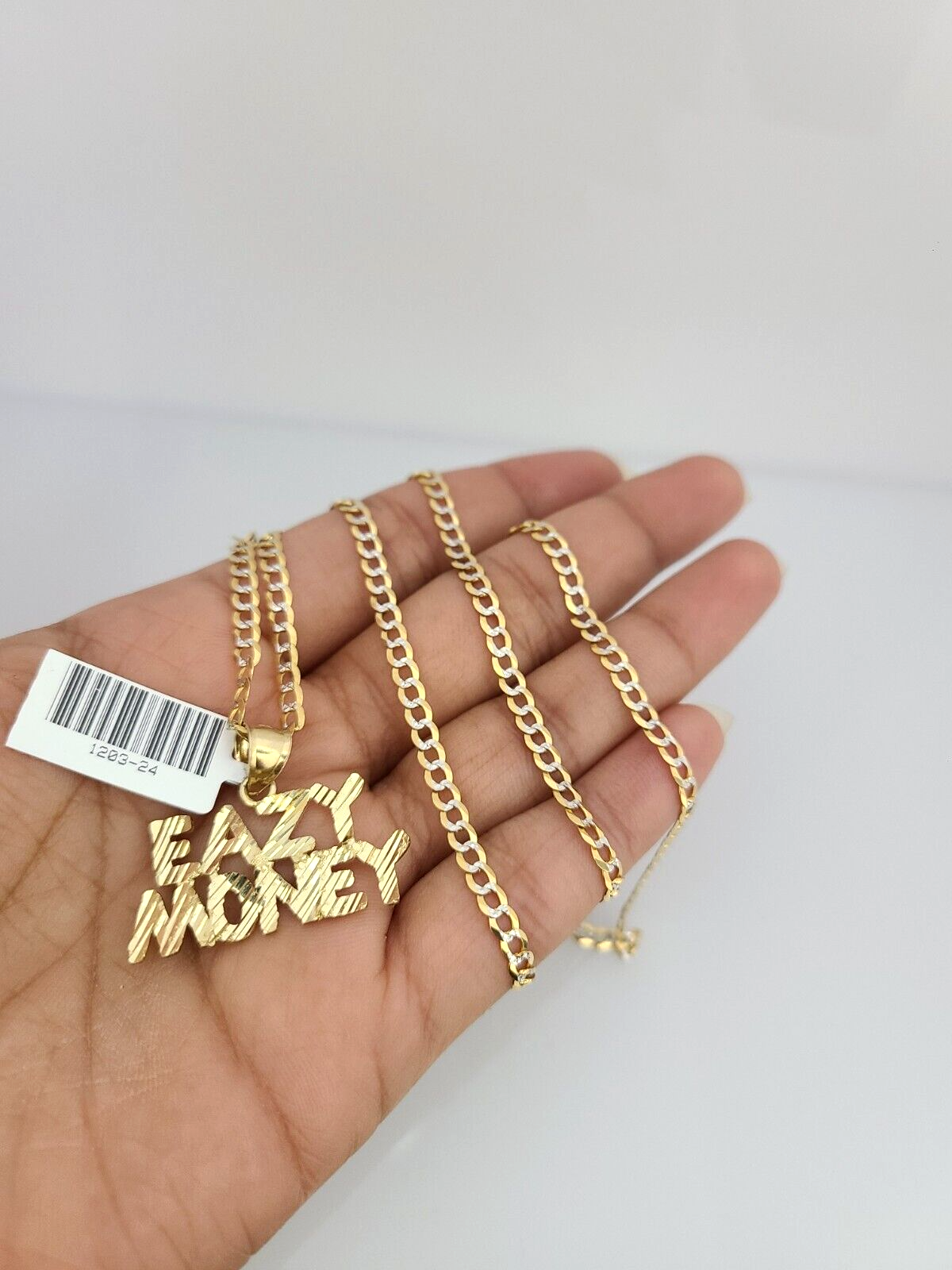 10k Gold Solid Cuban Curb Chain Necklace Eazy Money Pendant Set 3mm 18"-26"