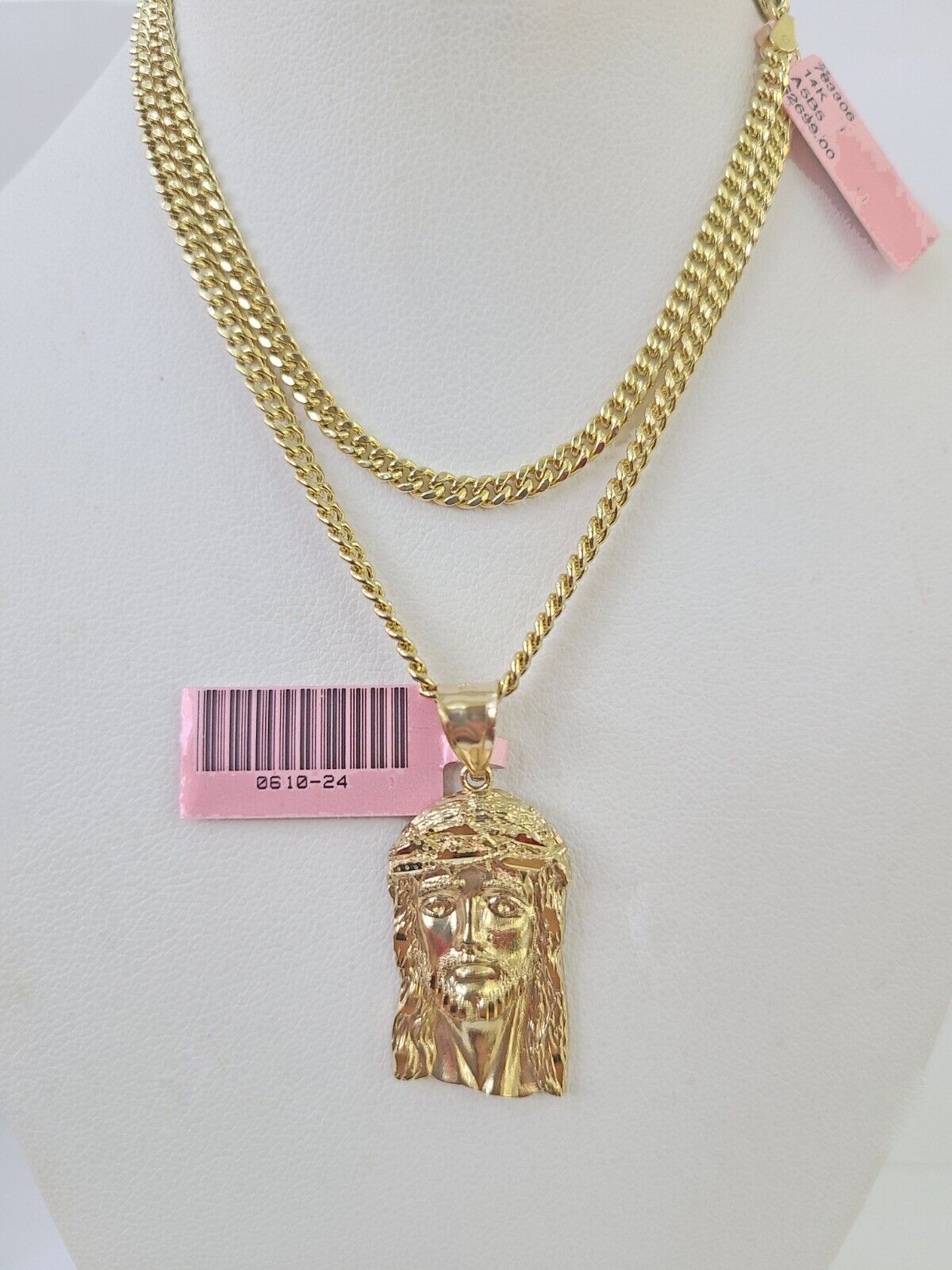 14k Miami Cuban Chain Jesus Head Charm Yellow Gold Set 3mm 18"-28" Necklace