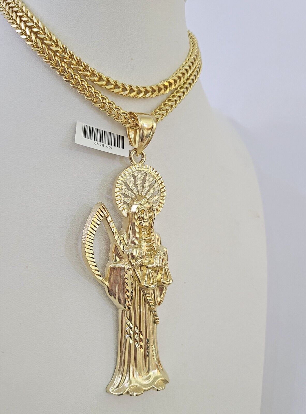 10K Franco Chain Saint Reaper Pendant Charm Necklace 20"-26" 5mm Gold SET Yellow