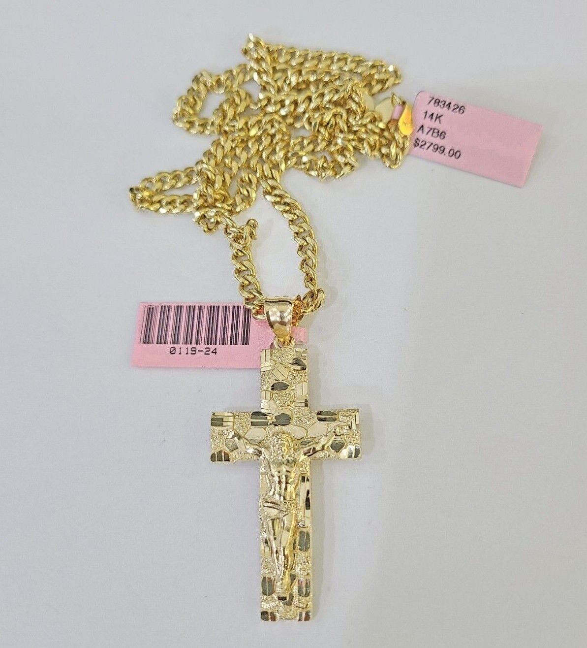 Real 14k Yellow Gold Chain Cross Charm Set Miami Cuban Link 4mm Necklace Pendant