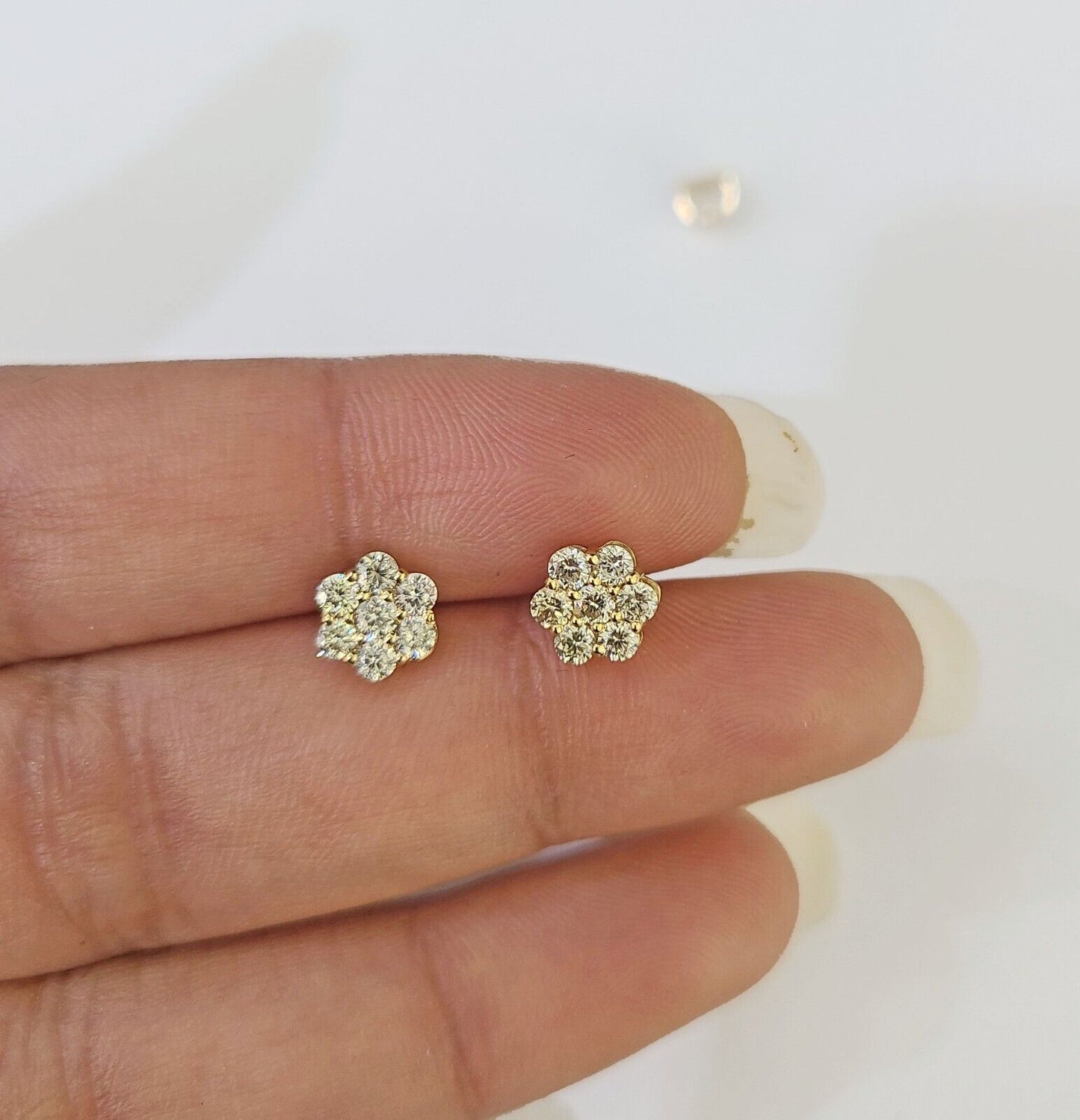 10k Yellow gold Flower Earrings Real Diamond screw-back Women Men studs