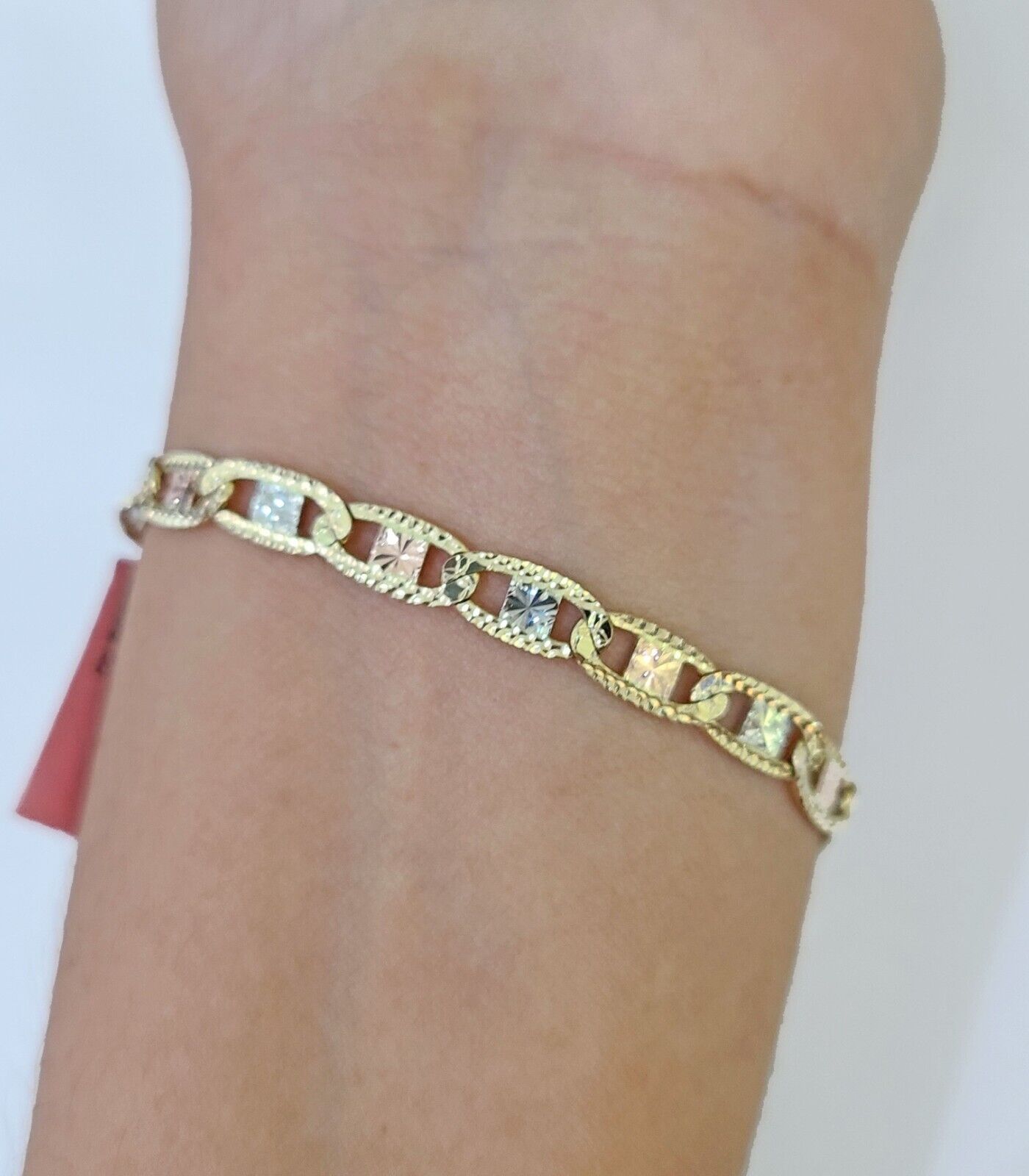 14k valentino Trio Gold Women's Link Bracelet 8" inches 5mm Diamond Cuts