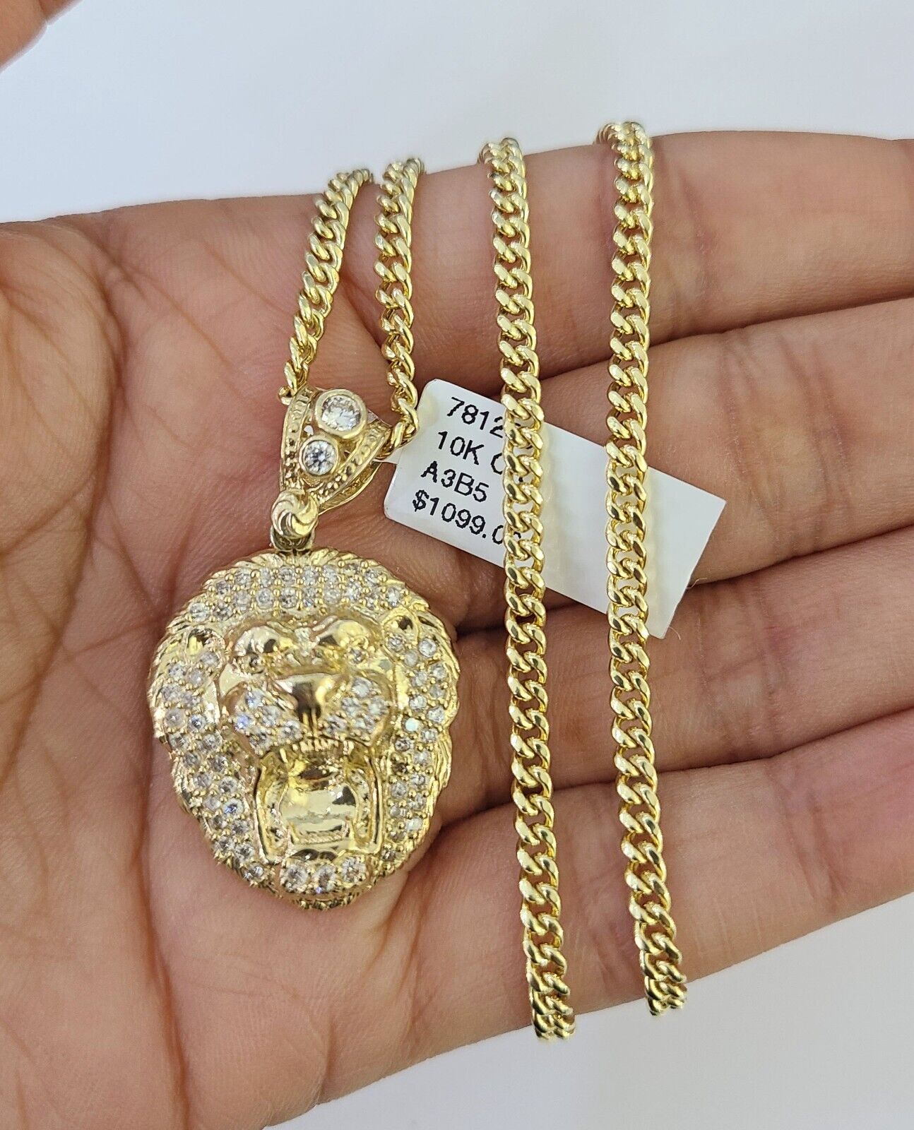 10K Gold Miami Cuban Chain Roaring Lion 18"-28" 3mm REAL Pendant Necklace SET