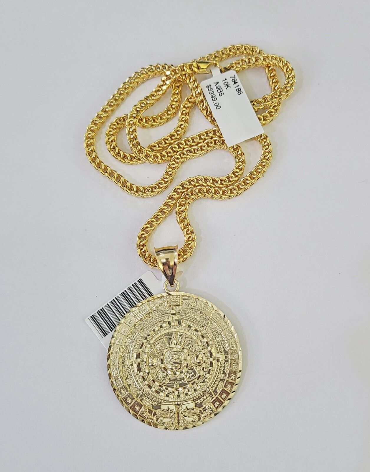 10K Franco Chain Mayan Calendar Pendant Charm Necklace 20"-26" 3mm Gold Yellow