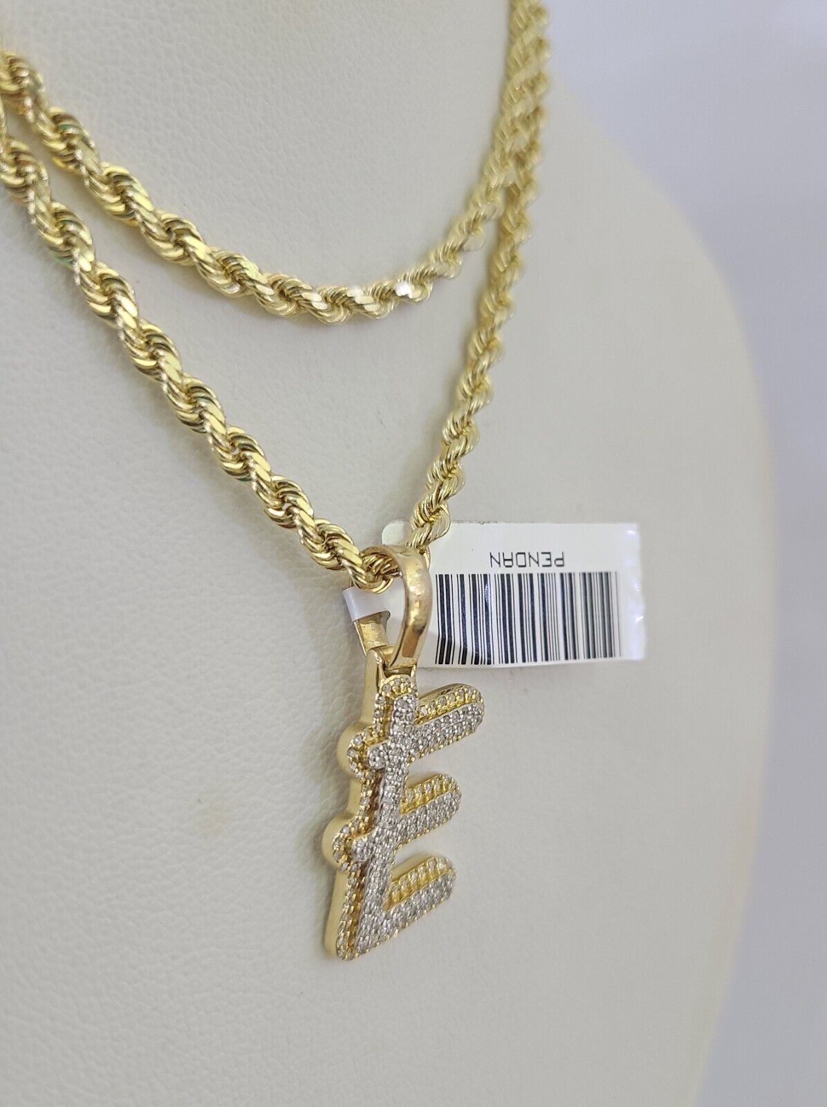 10k 3mm Rope Solid Chain E Diamond Pendant Alphabet 18"-28" Gold Charm Necklace