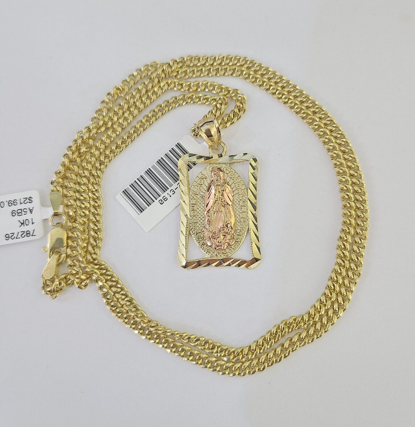 10K Gold Miami Cuban Chain Virgin Mary Charm 20"-28" 3mm REAL Pendant