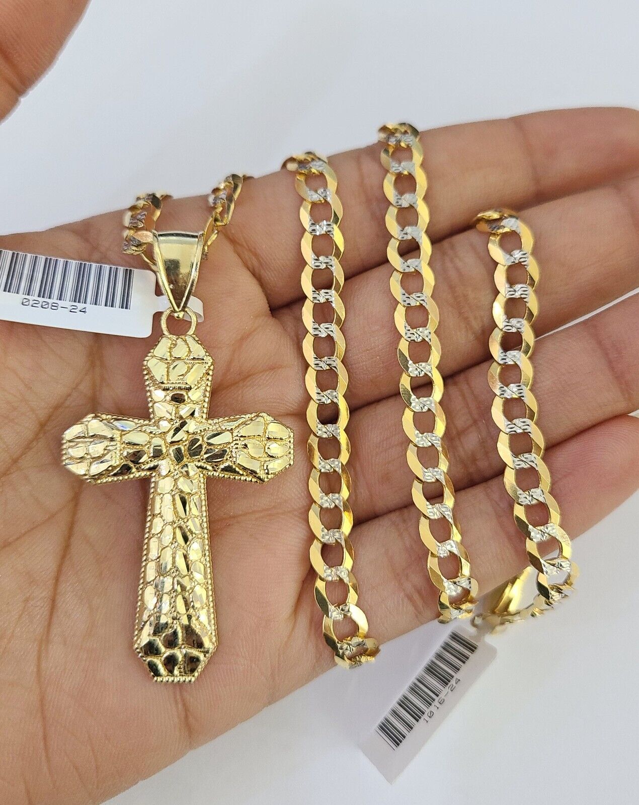 Solid 10k Gold Cuban Curb Chain Nugget Cross Pendant 6mm 20"-30" SET Necklace Two-tone