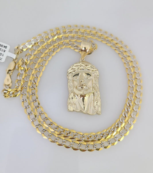 10k Gold Necklace Chain Jesus Head Charm Solid Cuban Curb 5mm 18"-28" Inch SET