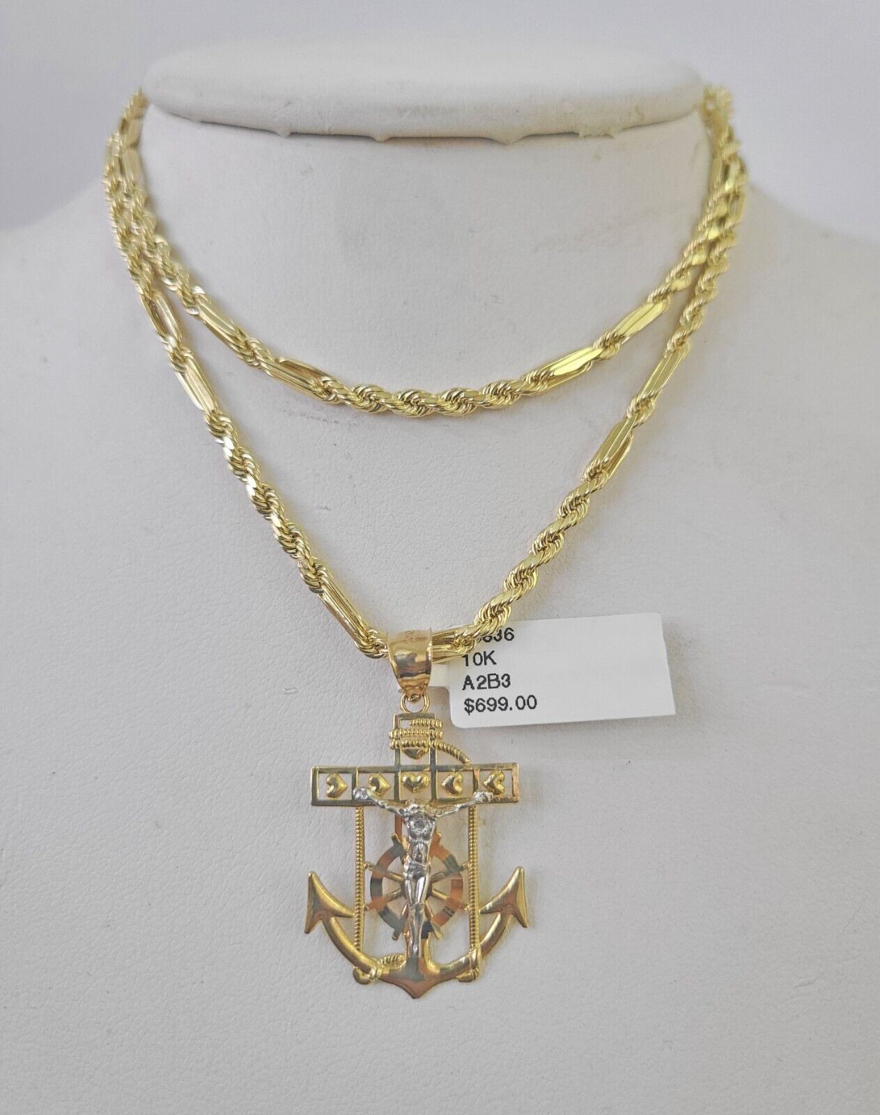 10k Milano Rope Chain Jesus Anchor Charm Necklace SET 3mm 18" 20" 22" 24"