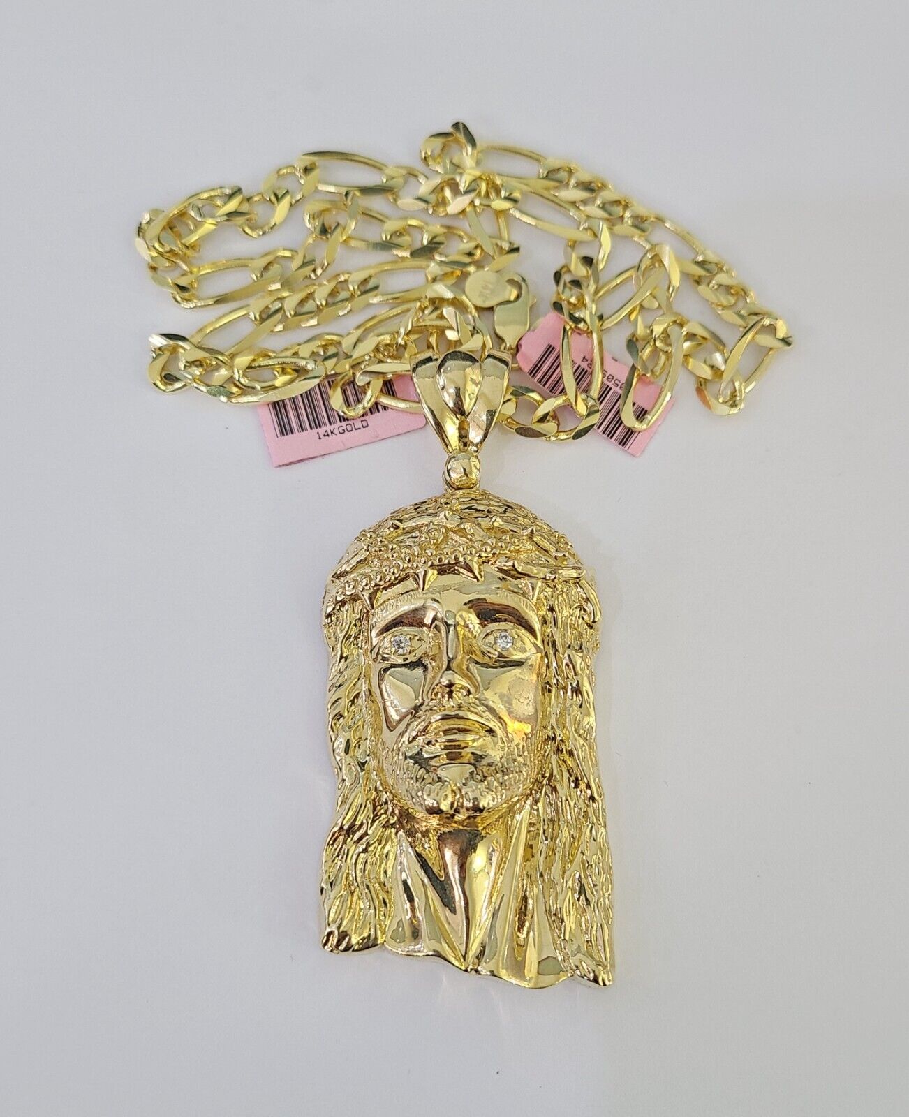 14k Figaro Solid Chain Jesus Head Charm Pendant Gold 7mm 20-30 inch SET Necklace