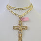 14k Solid Figaro Chain Jesus Cross Pendant Gold 7mm 20-30 inch SET Necklace