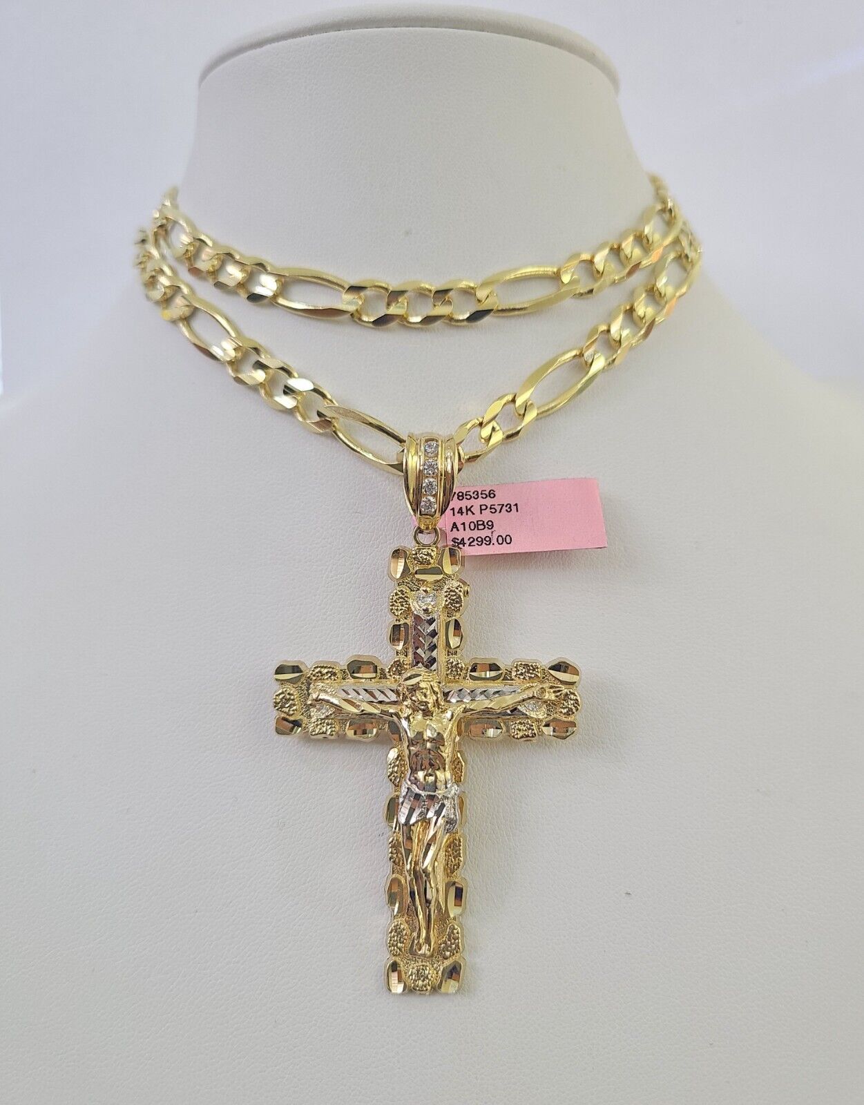 14k Solid Figaro Chain Jesus Cross Pendant Gold 7mm 20-30 inch SET Necklace