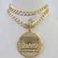 10k Gold Chain Last Supper Charm Solid Cuban Curb Necklace 9mm 20"-30" SET