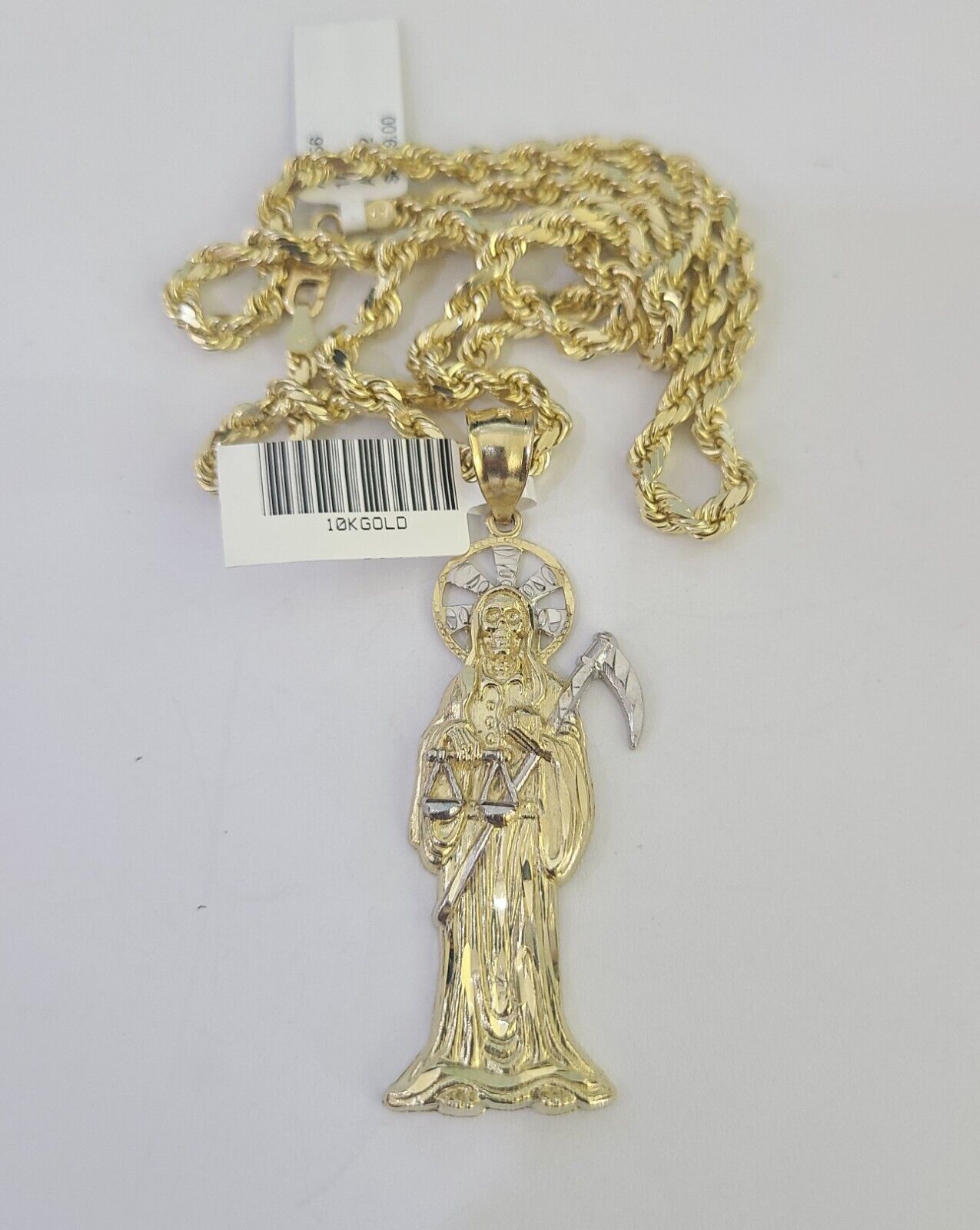 10k Solid Rope Chain Saint Reaper Charm Set 4mm 18"-30" Necklace Gold Pendant