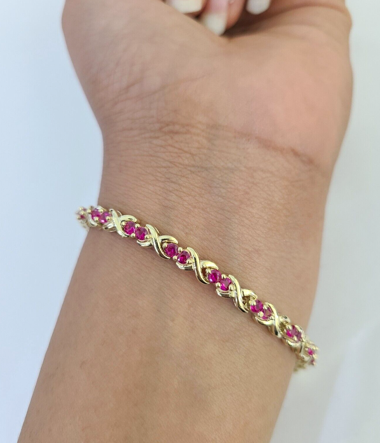 Real 10K Yellow Gold Pink Tennis Bracelet 4mm 7.5 Inches 10kt Gold