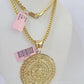 Real 14k Gold Franco Necklace Chain Mayan Calendar Charm 18"-26" SET For Mens