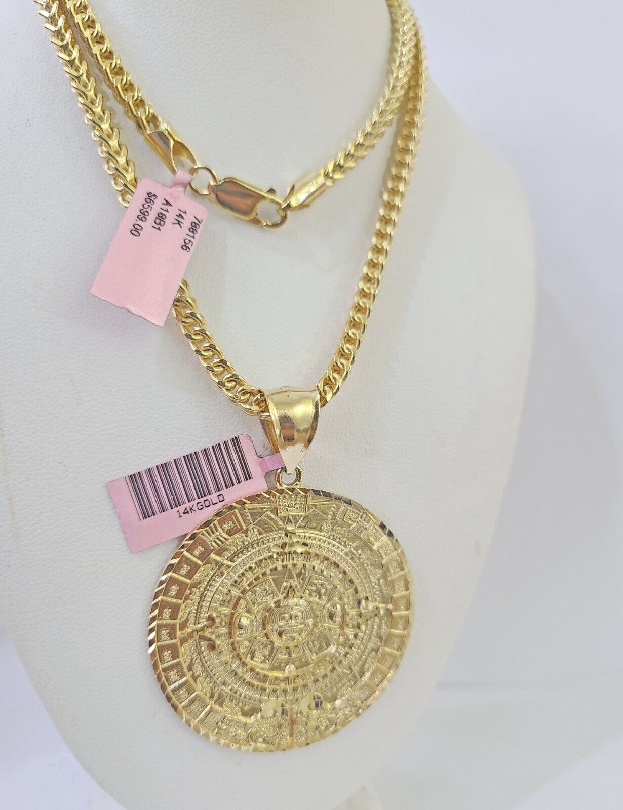 Real 14k Gold Franco Necklace Chain Mayan Calendar Charm 18"-26" SET For Mens