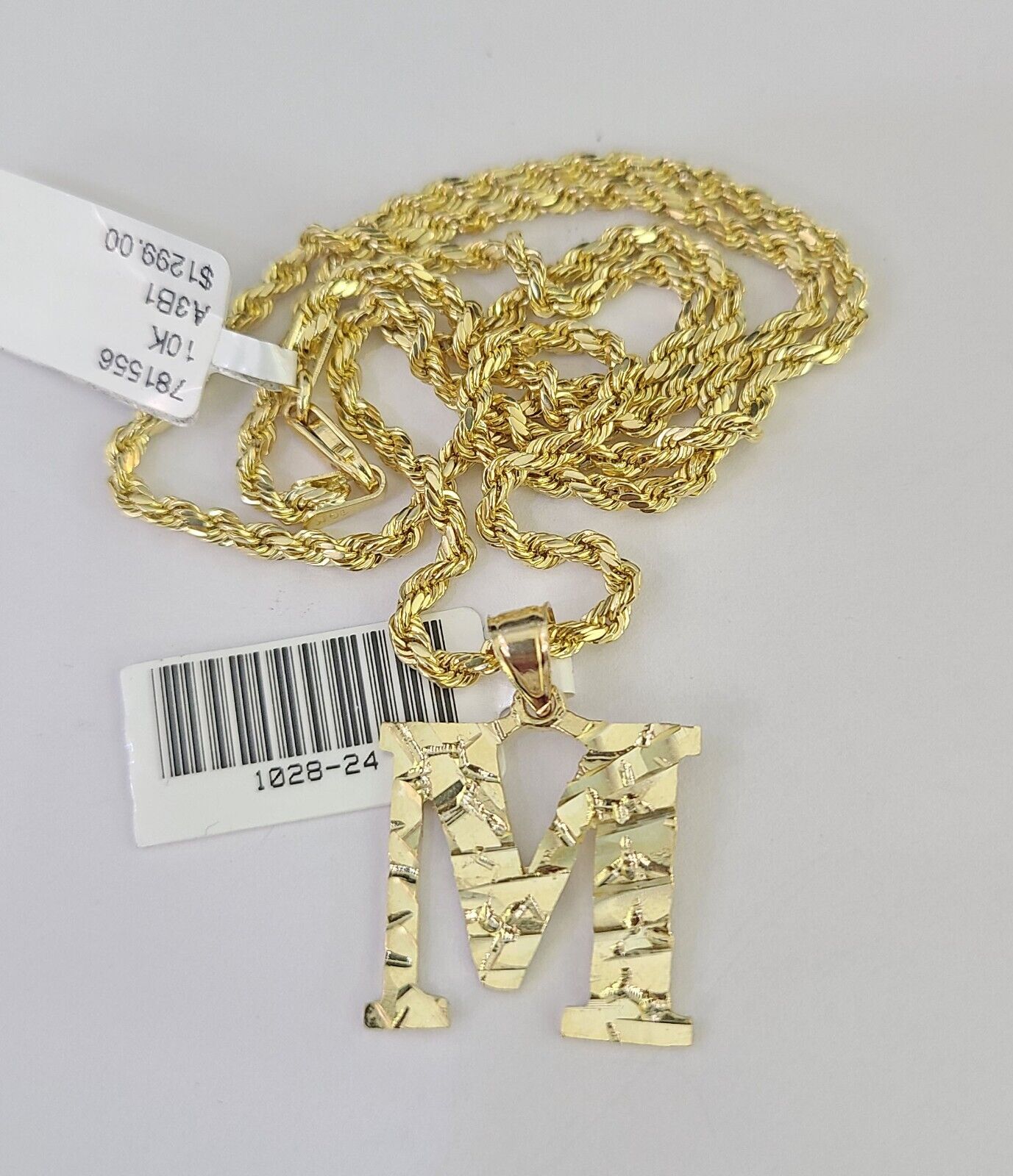 10k Gold Initial M Charm Rope Chain 16"-26" 2.5mm SET Necklace Alphabet Pendant