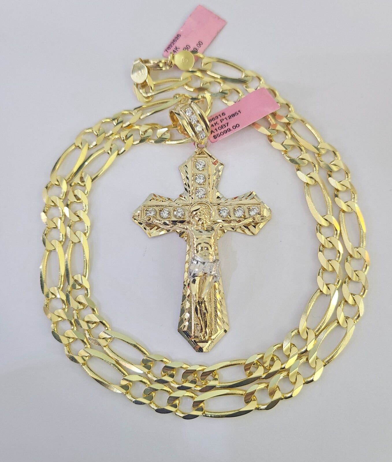 14k Solid Figaro Chain Jesus Cross Pendant Gold 7mm 20-30 inch SET Necklace