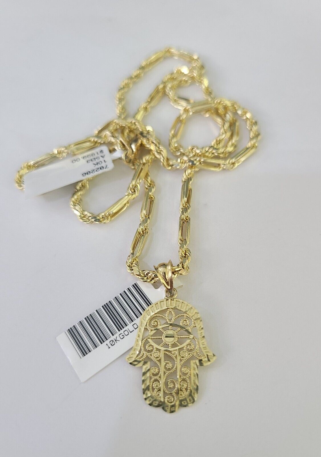 Hamsa Rope Chain 10k Milano Rope Chain Hamsa Hand Charm Necklace SET 3mm 18