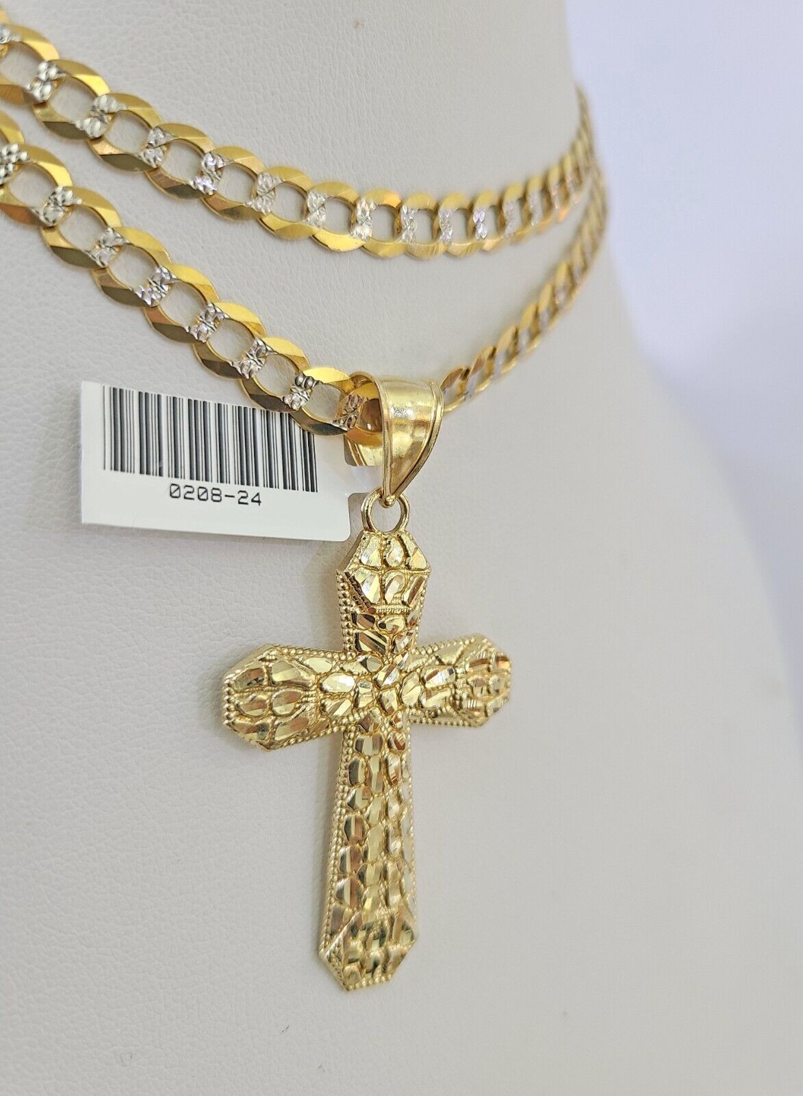 Solid 10k Gold Cuban Curb Chain Nugget Cross Pendant 6mm 20"-30" SET Necklace Two-tone