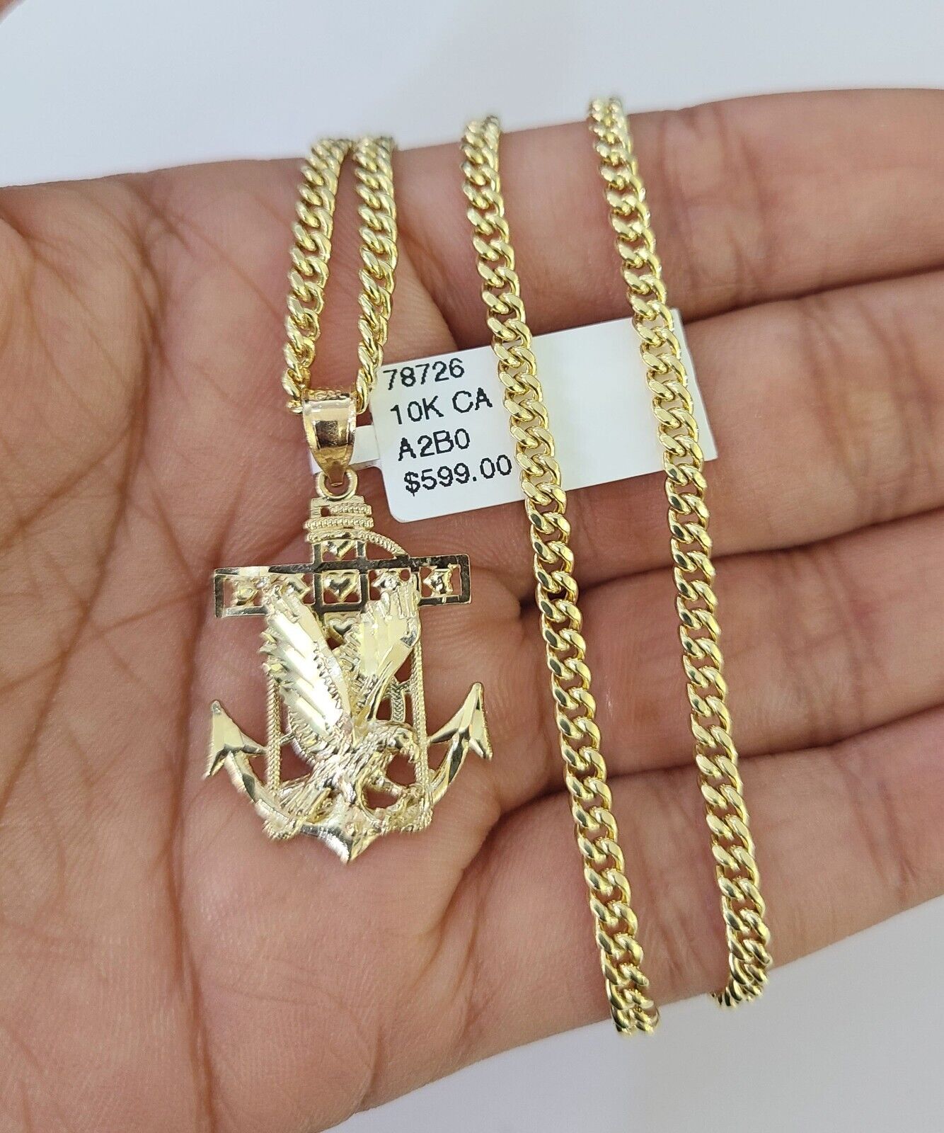 10K Gold Miami Cuban Chain Eagle Anchor Charm 18"-28" 3mm REAL Pendant Necklace