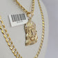 10k Gold Chain Jesus Head Charm Solid Cuban Curb Link 5mm 18"-28" Inch SET