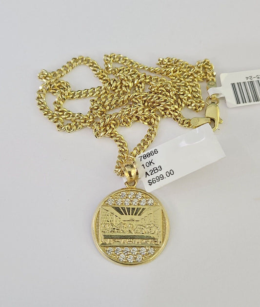 10K Gold Miami Cuban Chain Mayan Calendar 18"-28" 3mm Pendant Necklace SET