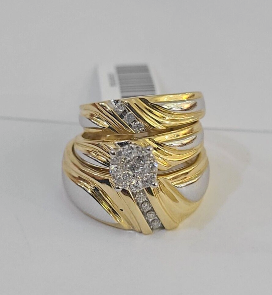 REAL 14k Diamond Ring Yellow Gold Ladies Men Trio SET Wedding Engagement Genuine