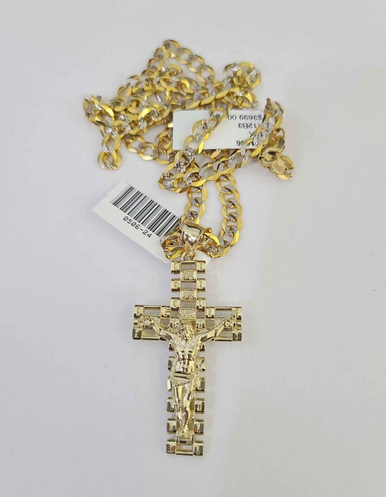 10k Gold Chain Cross Charm Solid Cuban Curb Link 5mm 18"-28" Inch DiamondCut SET