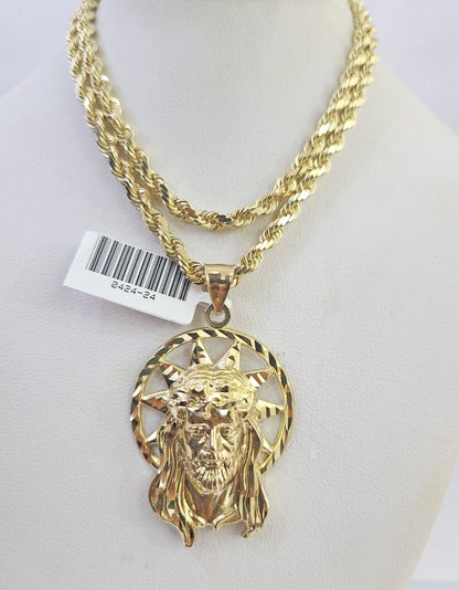 10k Solid Rope Chain Jesus Head Charm Set 4mm 18"-30" Necklace Gold Pendant