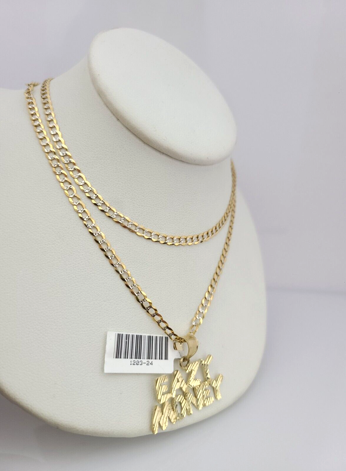 10k Gold Solid Cuban Curb Chain Necklace Eazy Money Pendant Set 3mm 18"-26"