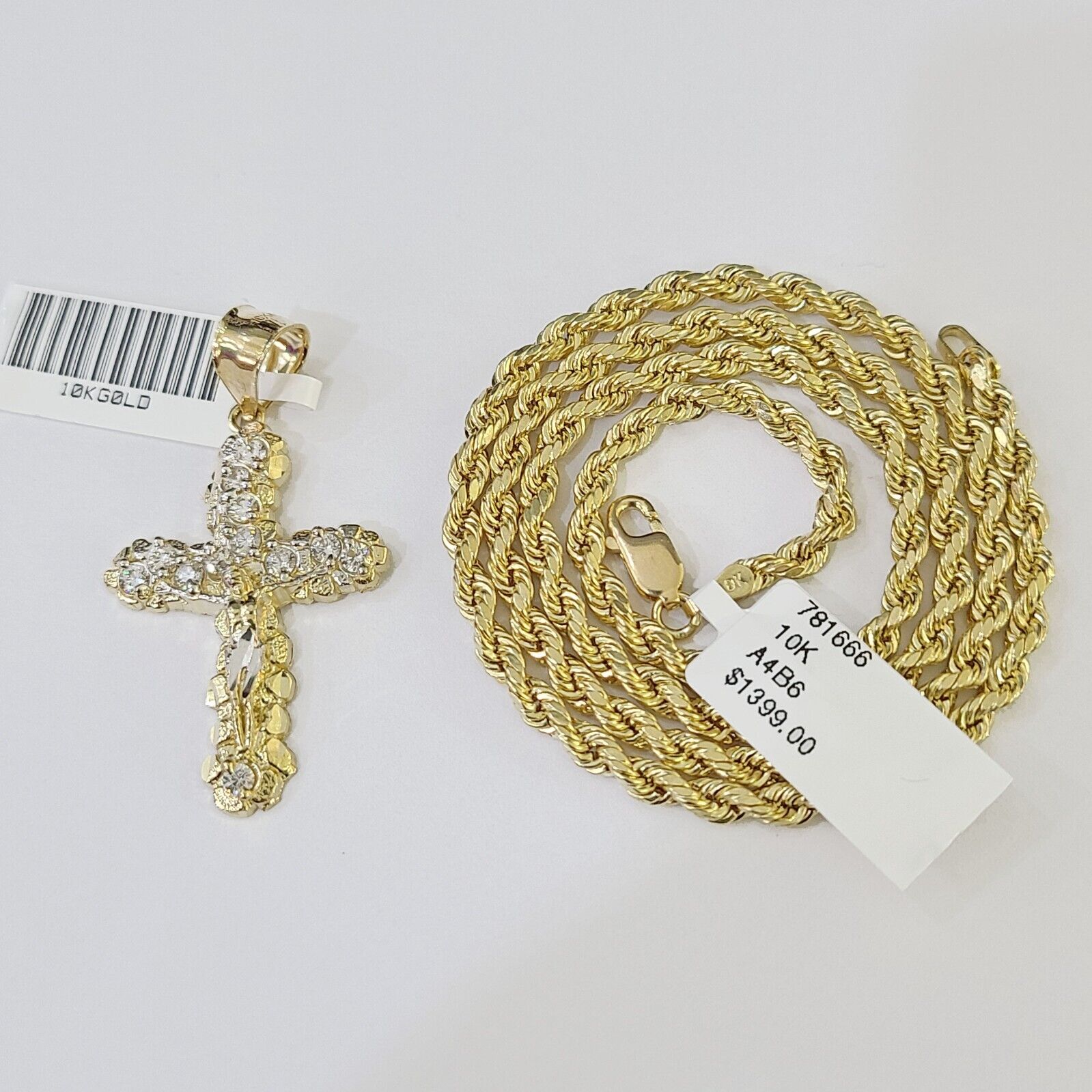 Gold 10K Rope Chain 3mm Length 18" 20" 22" 24" 26" 28" 30" & Cross Charm