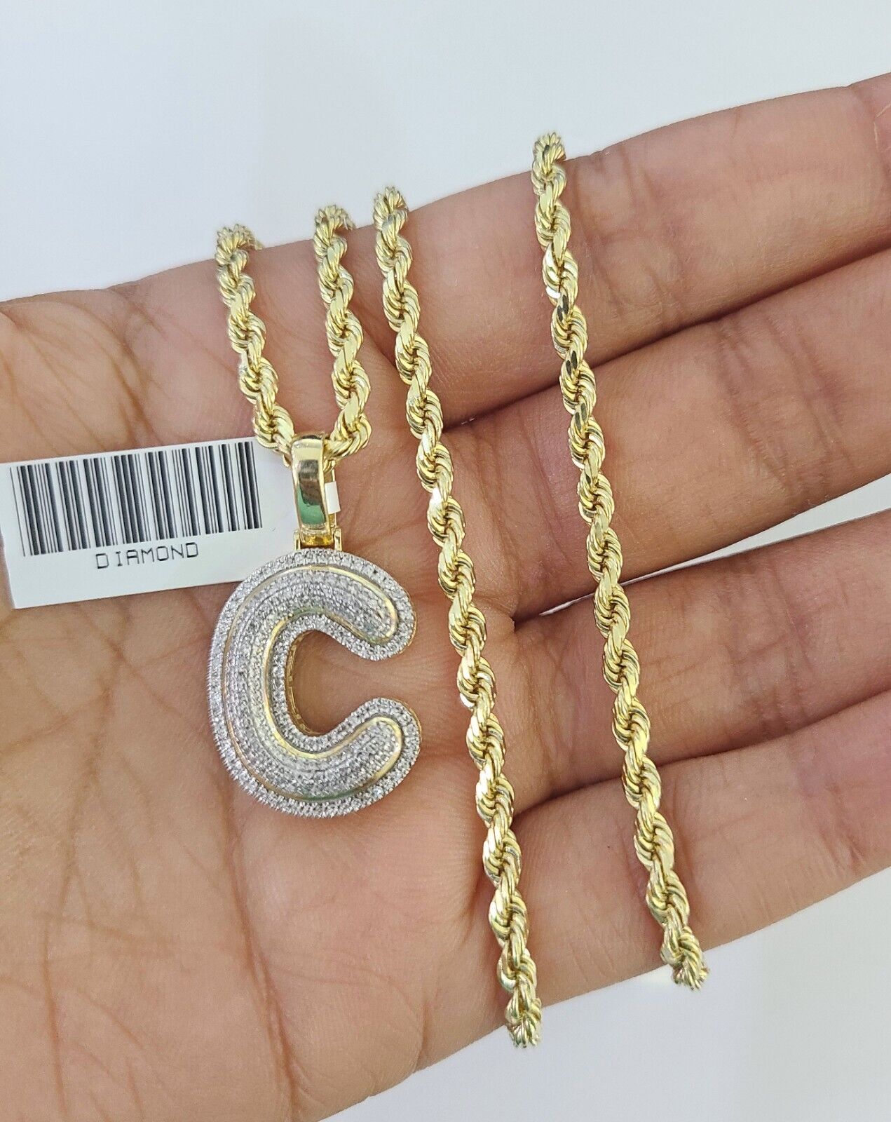 10k 3mm Rope Solid Chain C Diamond Pendant Alphabet 18"-28" Gold Charm Necklace