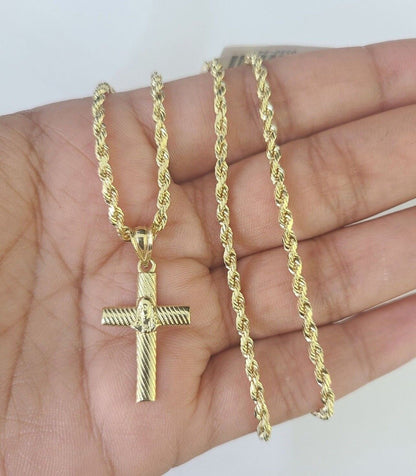 10k Rope Chain Jesus Cross Pendant 18"-30" Set Charm Necklace Yellow Gold