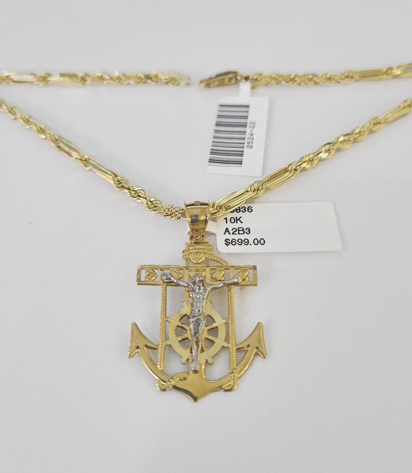 10k Milano Rope Chain Jesus Anchor Charm Necklace SET 3mm 18" 20" 22" 24"